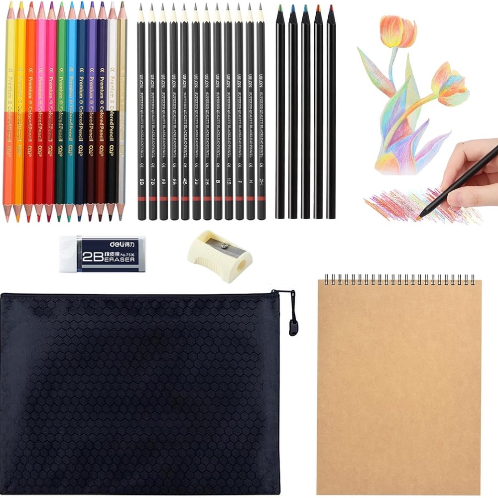33 PCS Drawing Pencil Set-Graphite Colored & Rainbow Sketchbook Sharpener Eraser
